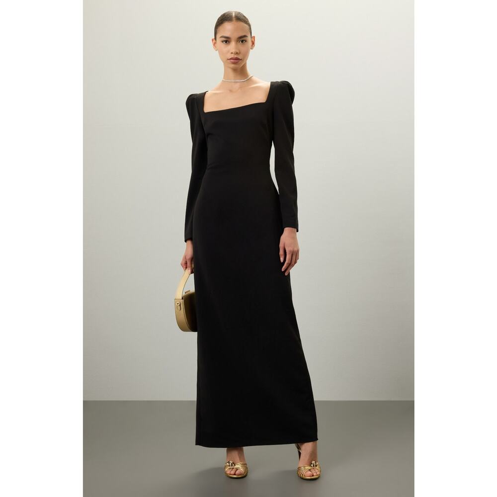 Badgley Mischka Black Crepe Square Neck Puff Long Sleeves Maxi Gown Dress Size 4